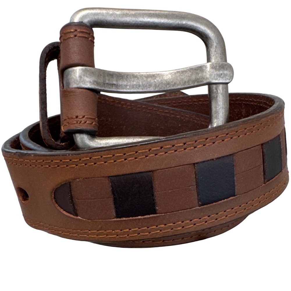 Men's brown leather belt featuring a prominent woven-inlay pattern size 44